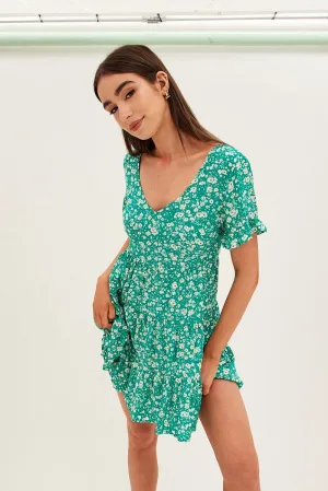 Floral Print Sun Dress Mini Short Sleeve V Neck Glow Mode Birthday Bash