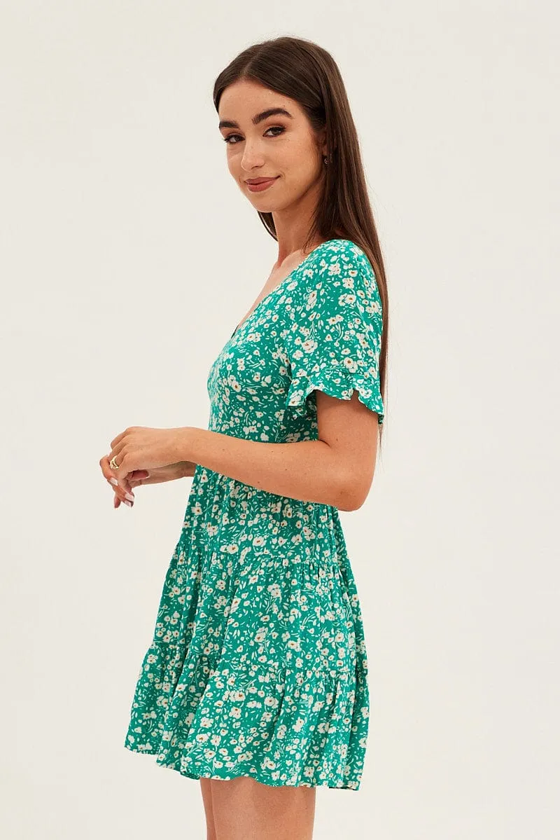 Hot Beat Fun Beat Floral Print Sun Dress Mini Short Sleeve V Neck