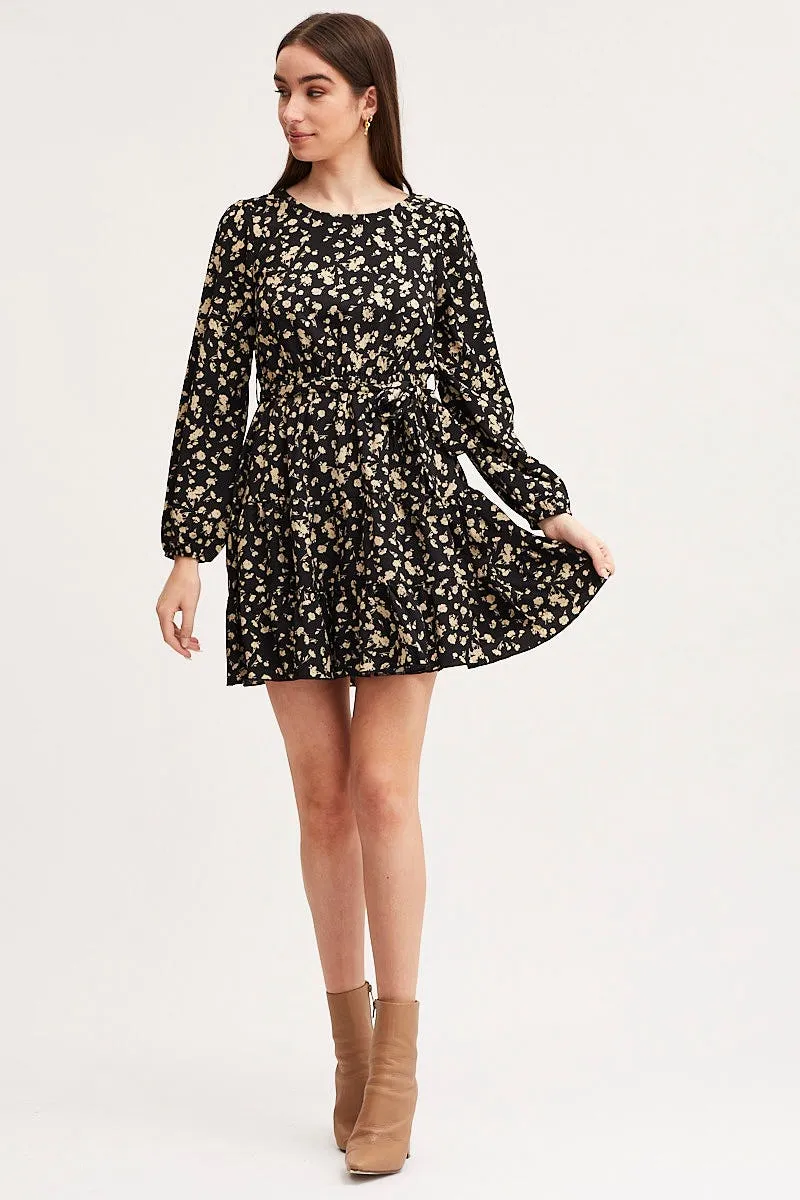 Glow Beat Print Mini Dress Long Sleeve Round Neck