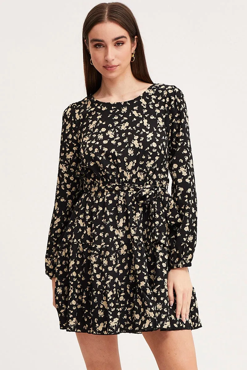 Temperature Regulating Stage Heat Print Mini Dress Long Sleeve Round Neck