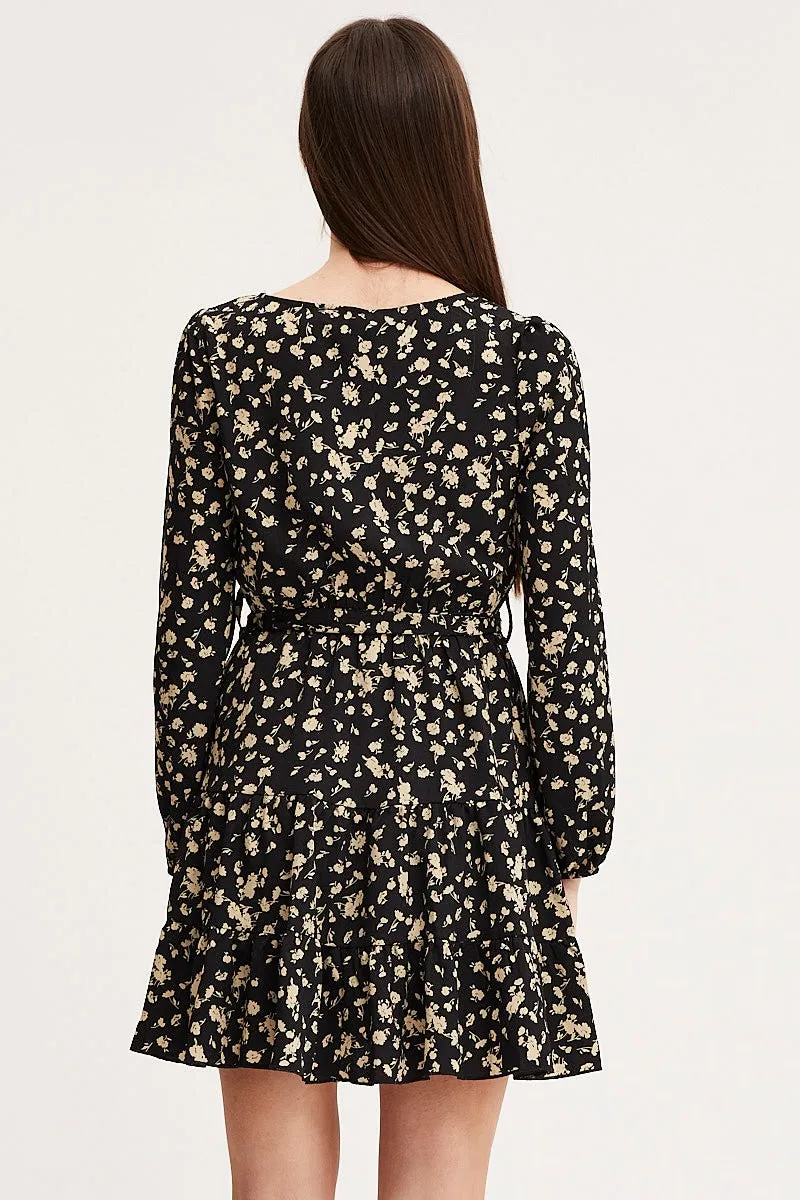 Quick Dry Technology Print Mini Dress Long Sleeve Round Neck