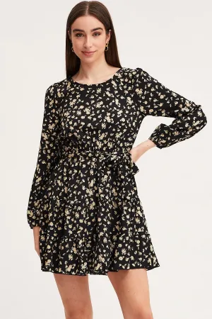 Fun Warm Print Mini Dress Long Sleeve Round Neck