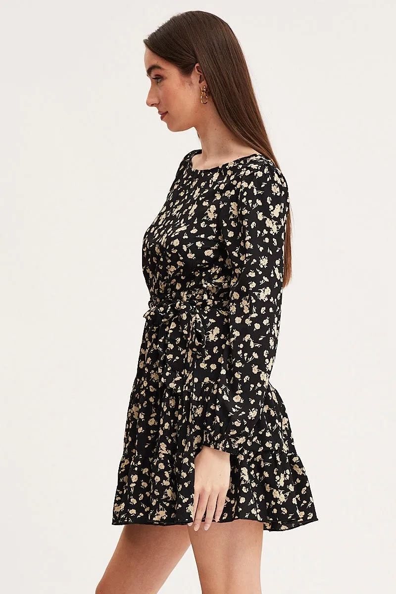 Print Mini Dress Long Sleeve Round Neck fun mini Scene Beat