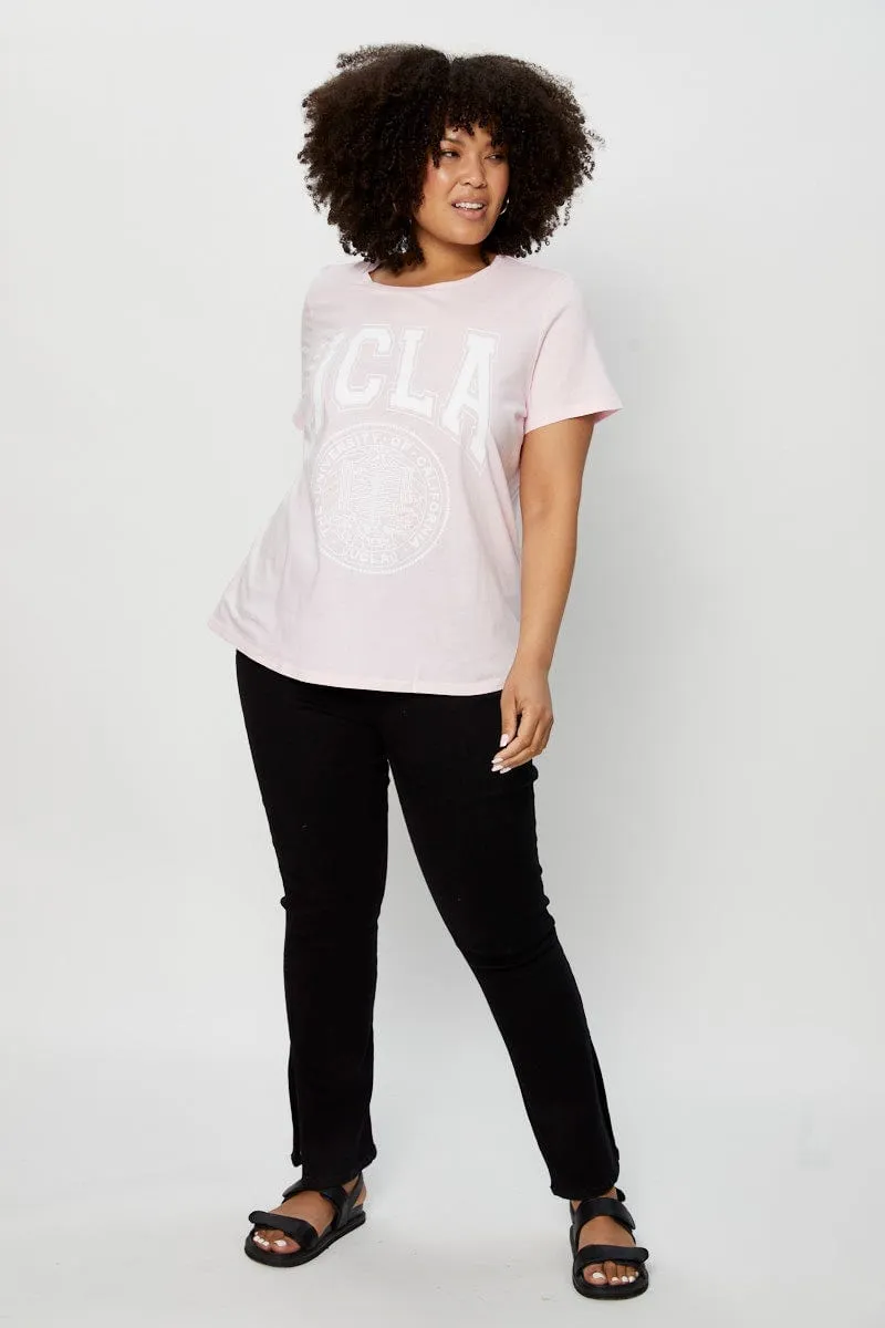 Pink Graphic T-shirt Collegiate Short Sleeve Cotton Fade Resistant Print Casual Layering