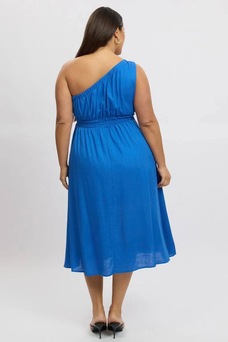 Blue Midi Dress One Shoulder Linen Blend Stylish Appearance Modern Wardrobe