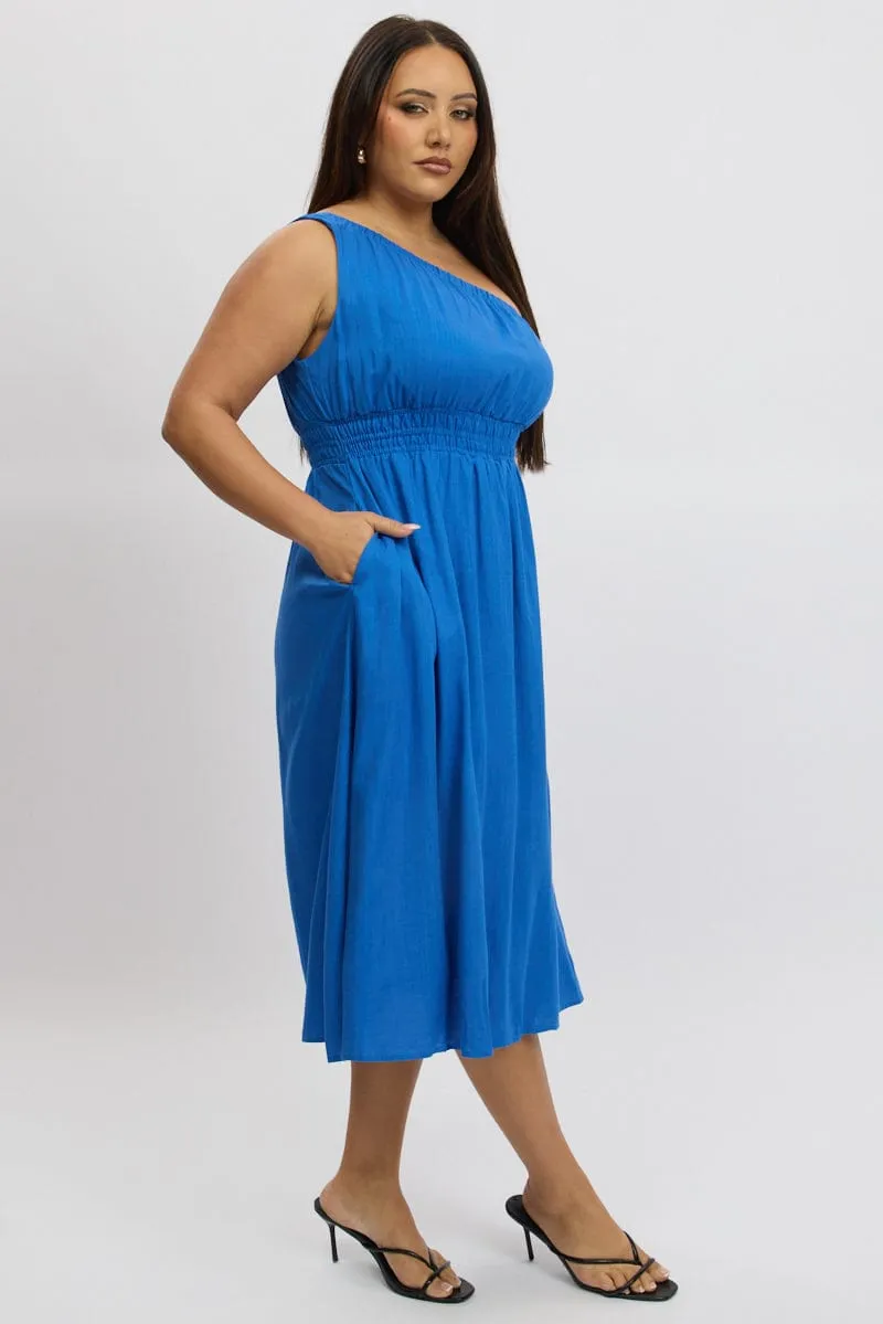 Blue Midi Dress One Shoulder Linen Blend High-waisted midi dress