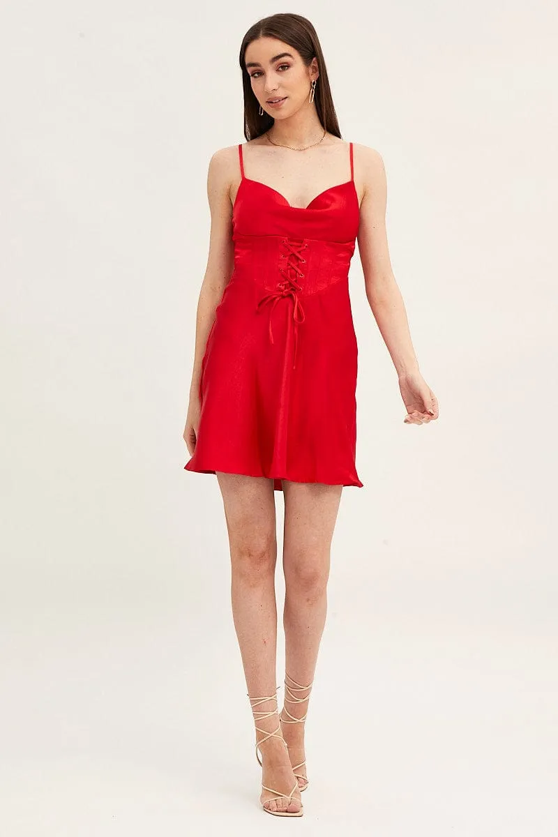 Glow Cool Red Mini Dress Sleeveless Cowl Neck Corset Waist Satin
