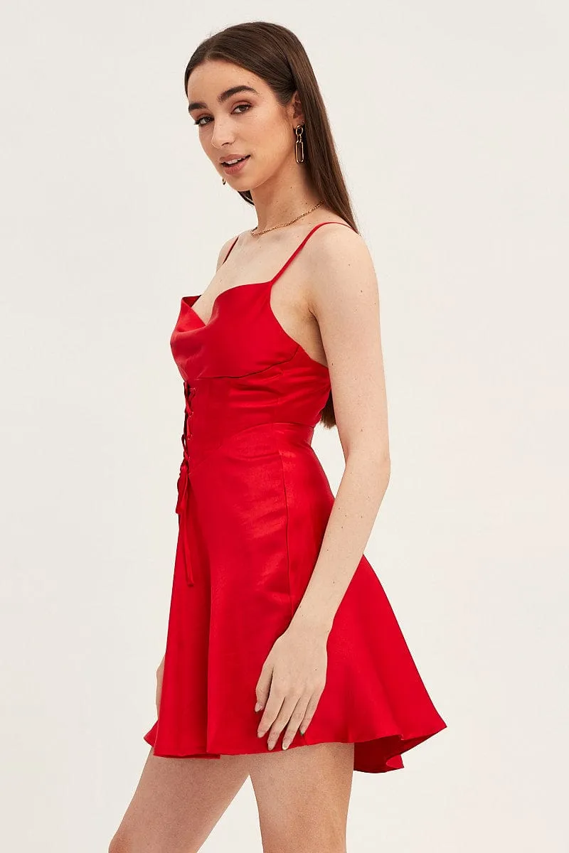 Red Mini Dress Sleeveless Cowl Neck Corset Waist Satin Elegant short silhouette On Trend