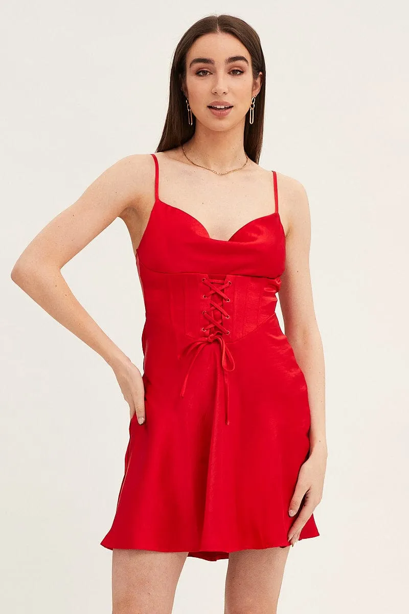 Stage Vibe Water Resistant Red Mini Dress Sleeveless Cowl Neck Corset Waist Satin