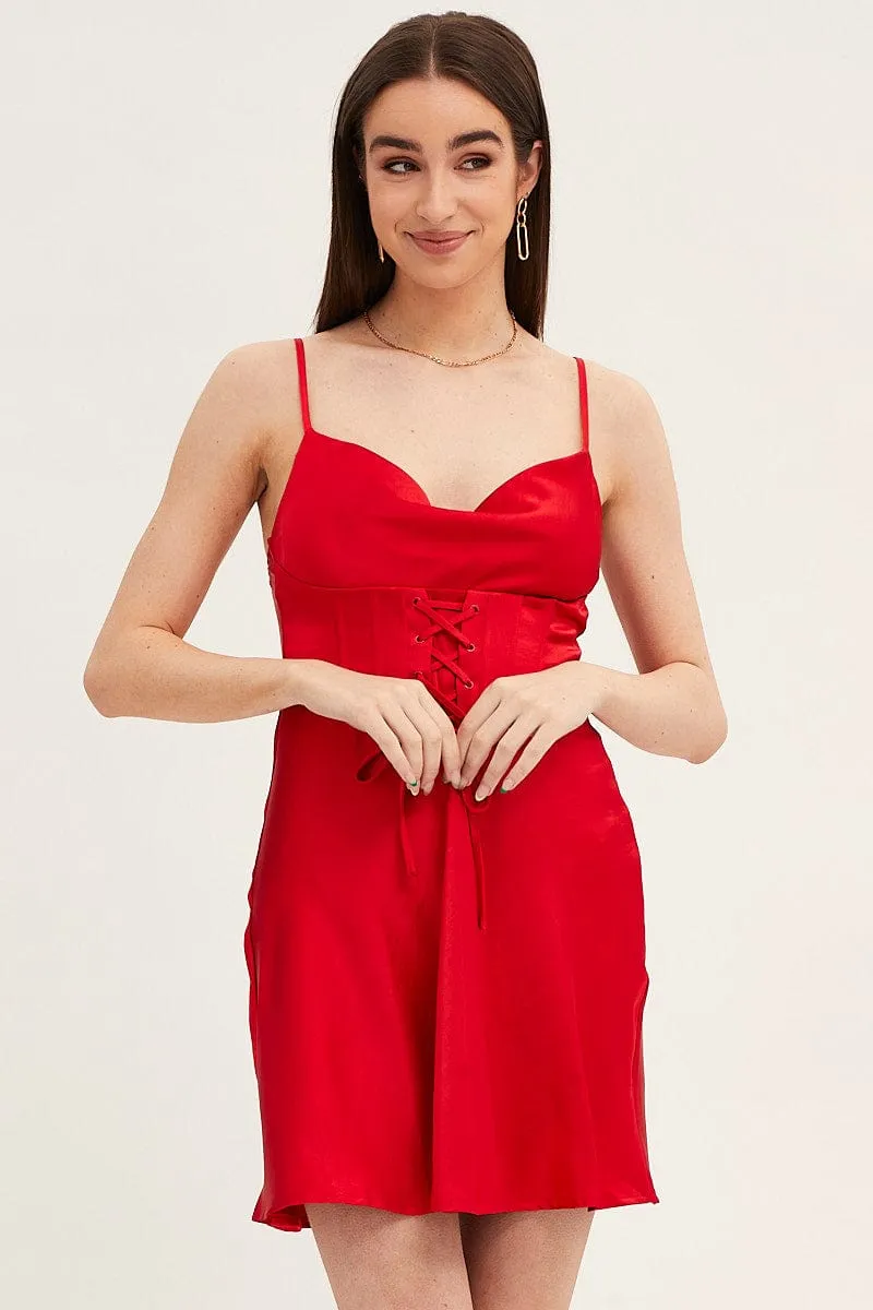 Red Mini Dress Sleeveless Cowl Neck Corset Waist Satin Look Sharp