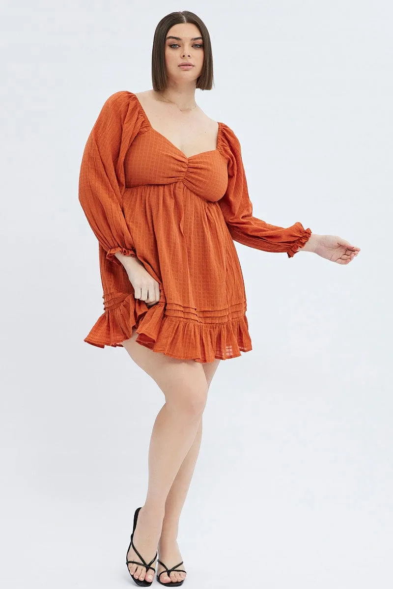 Rust Mini Dress Textured Cotton Blend Long Sleeve Floral Chic Design