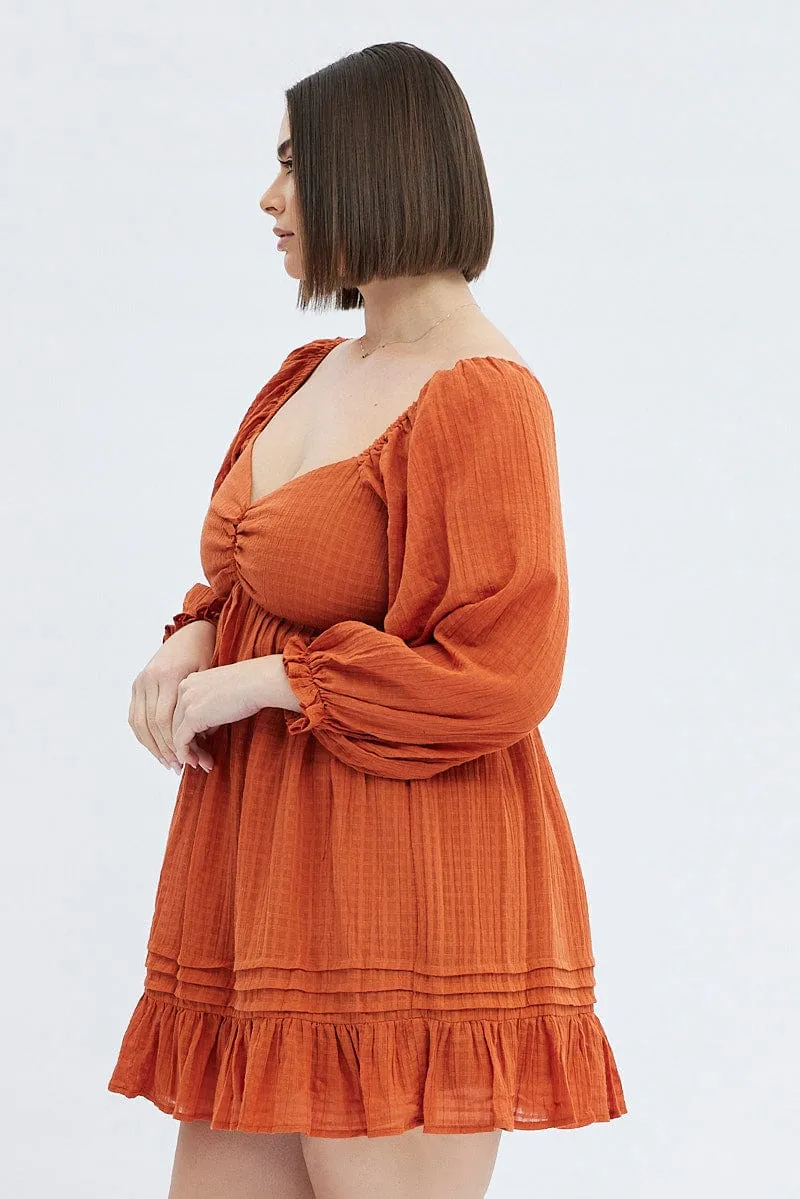 Rust Mini Dress Textured Cotton Blend Long Sleeve Trendy Vibes