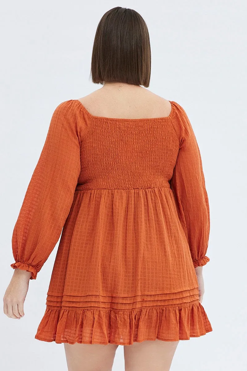 Rust Mini Dress Textured Cotton Blend Long Sleeve Light Pop Eco Friendly Dye