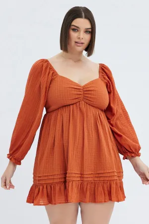Rust Mini Dress Textured Cotton Blend Long Sleeve Playful Look