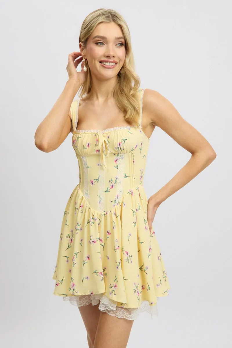 Yellow Floral Fit And Flare Dress Mini Rushed Bust Scene Sharp