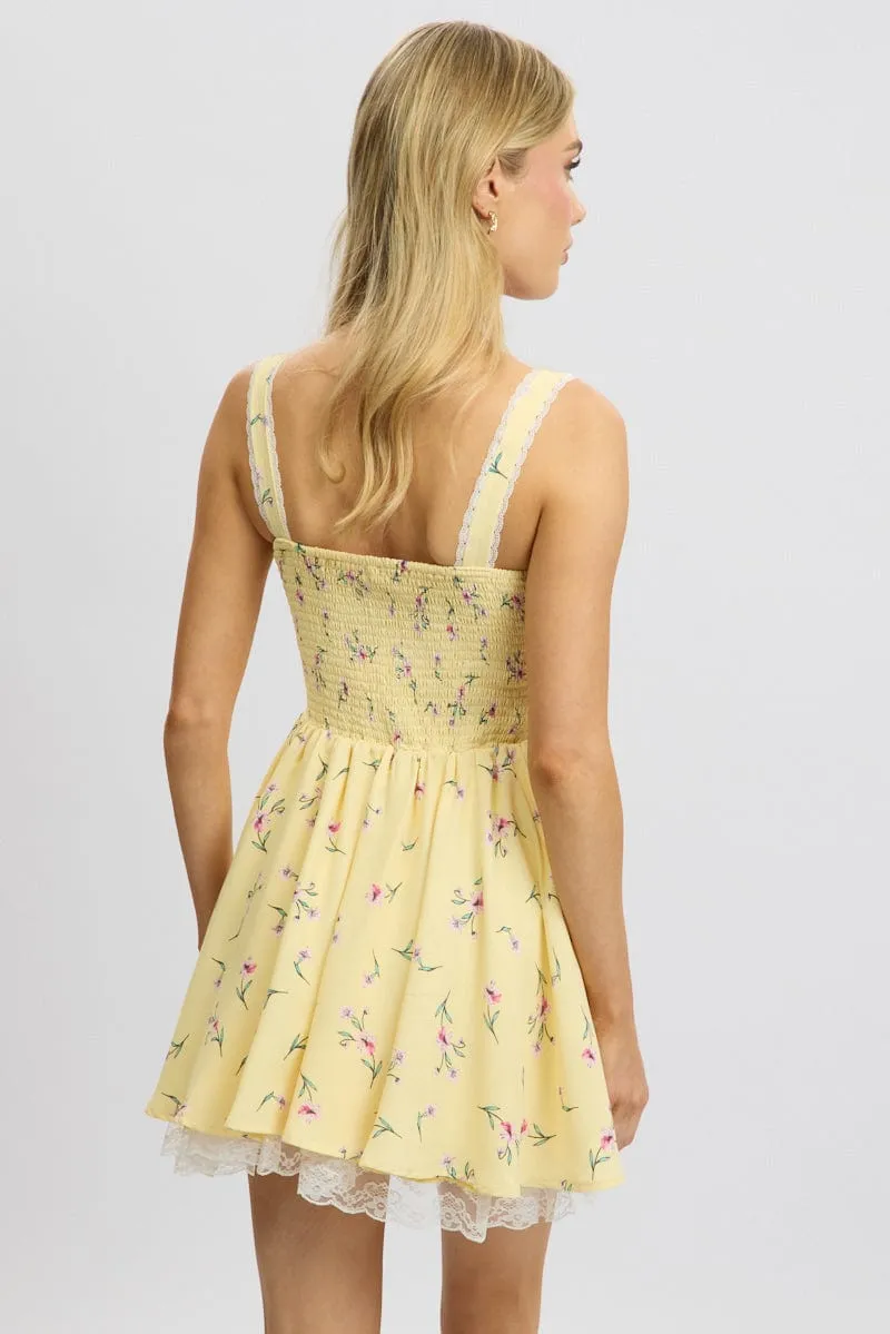 Yellow Floral Fit And Flare Dress Mini Rushed Bust Heat Glow Play Mode