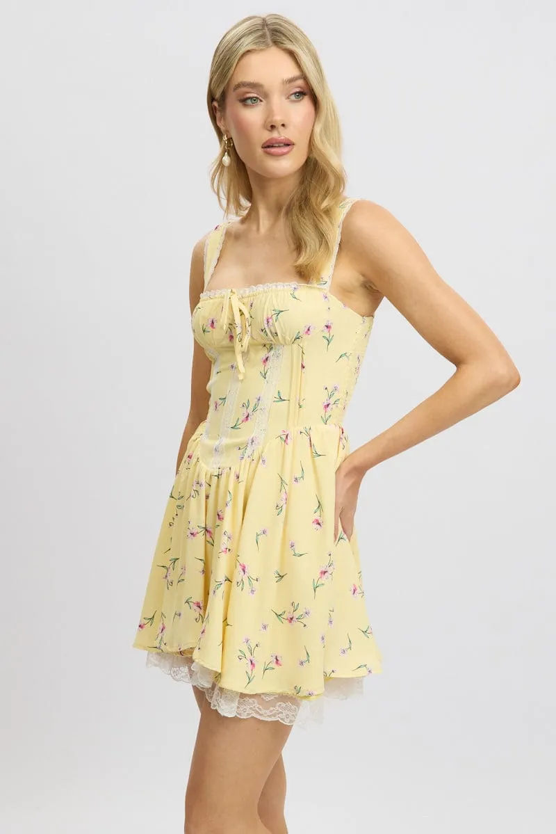 Vibrant Look Yellow Floral Fit And Flare Dress Mini Rushed Bust