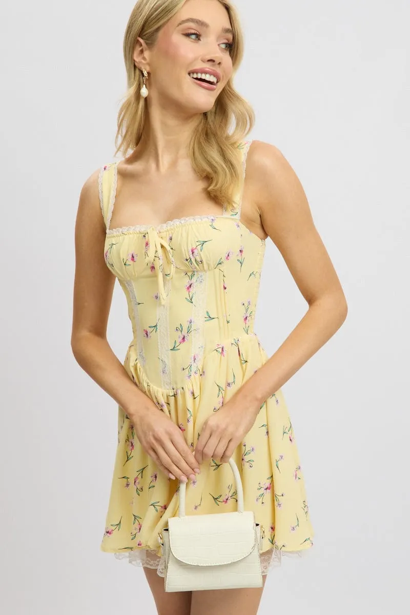 Yellow Floral Fit And Flare Dress Mini Rushed Bust Fashion-forward short dress
