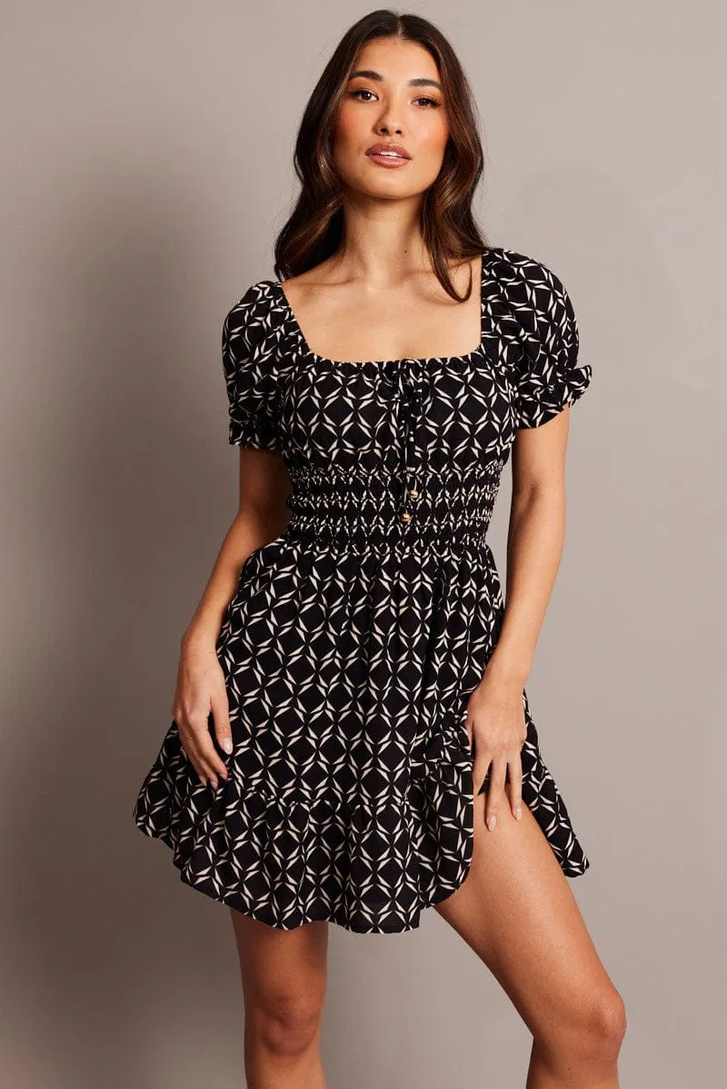 Date Ready Neon Glow Black Geo Fit And Flare Dress Mini