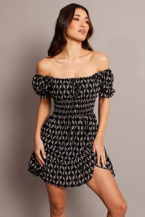 Magnetic Button Closure Street Chic Black Geo Fit And Flare Dress Mini