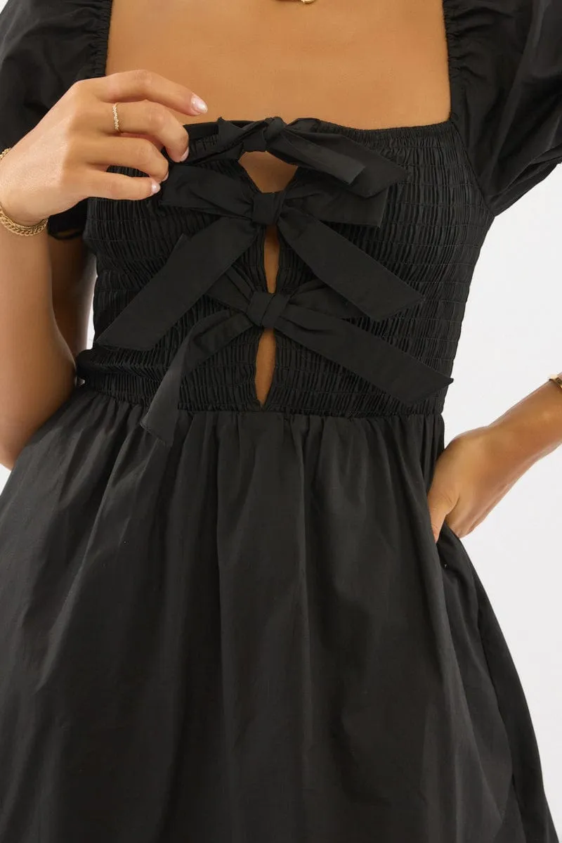Black Mini Dress Ribbon Detail Built In Pockets