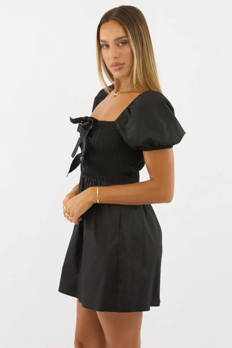 Black Mini Dress Ribbon Detail Simple Vibe