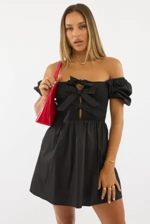 Fresh Vibe Charming Style Black Mini Dress Ribbon Detail