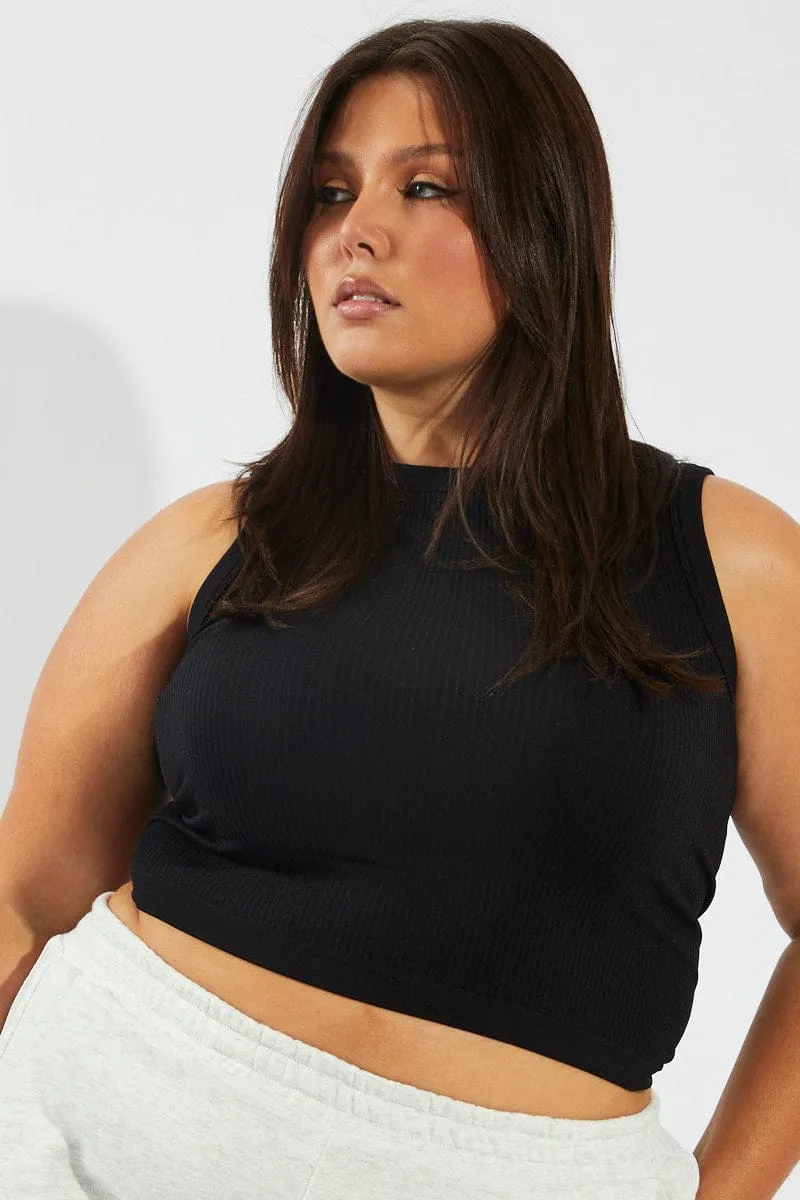 Black Tank Top Crew Neck Seamless Permanent Crease