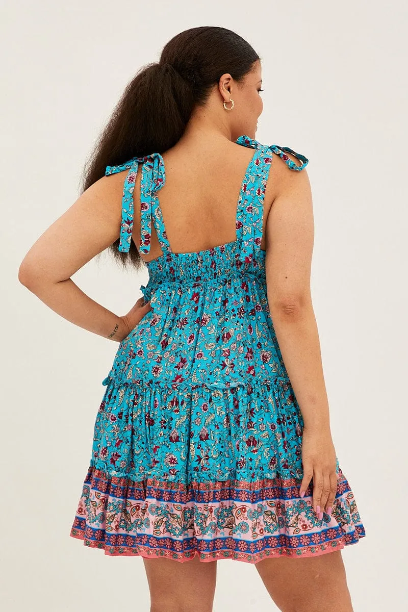 Blue Boho Mini Dress Sleeveless Round Neck Skater Hypoallergenic fabric