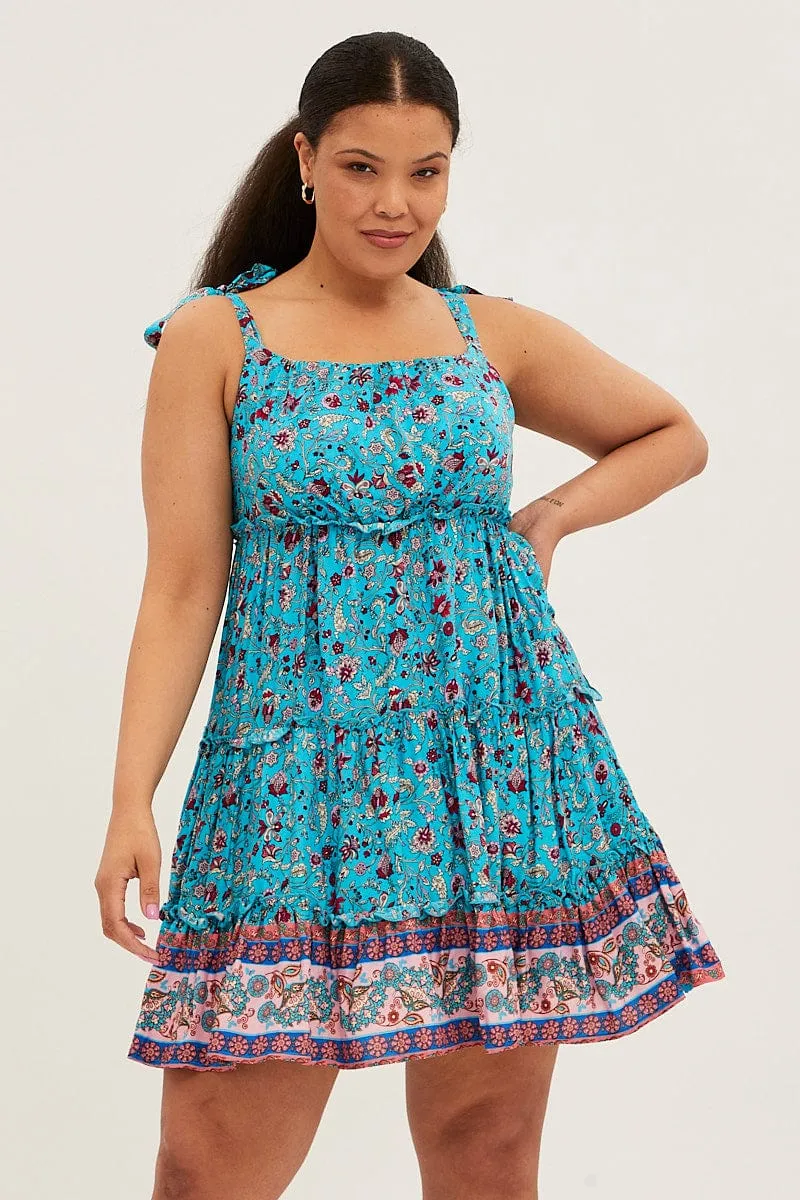 Blue Boho Mini Dress Sleeveless Round Neck Skater Shine Warm
