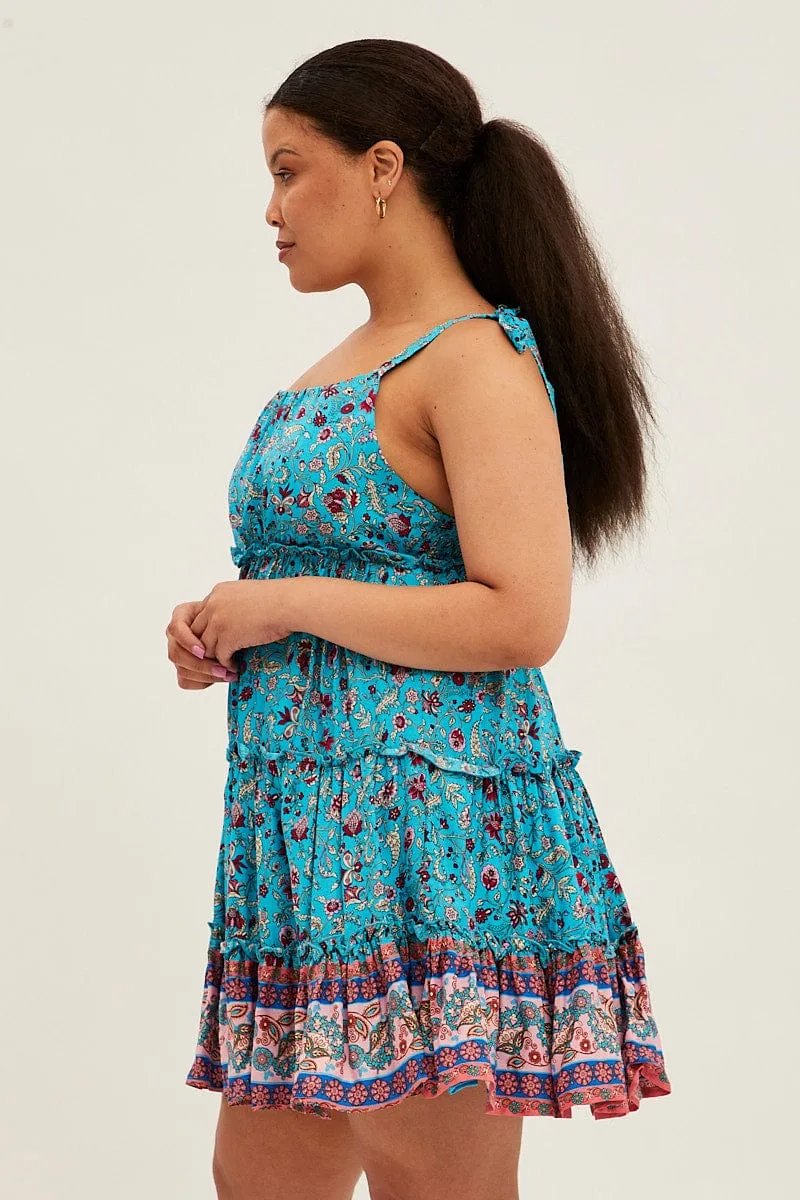 Edge Shine Blue Boho Mini Dress Sleeveless Round Neck Skater