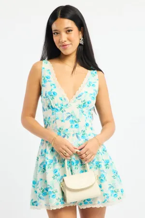 Fashion Essential Yoke Back Construction Blue Floral Mini Dress V-neck Lace Trim