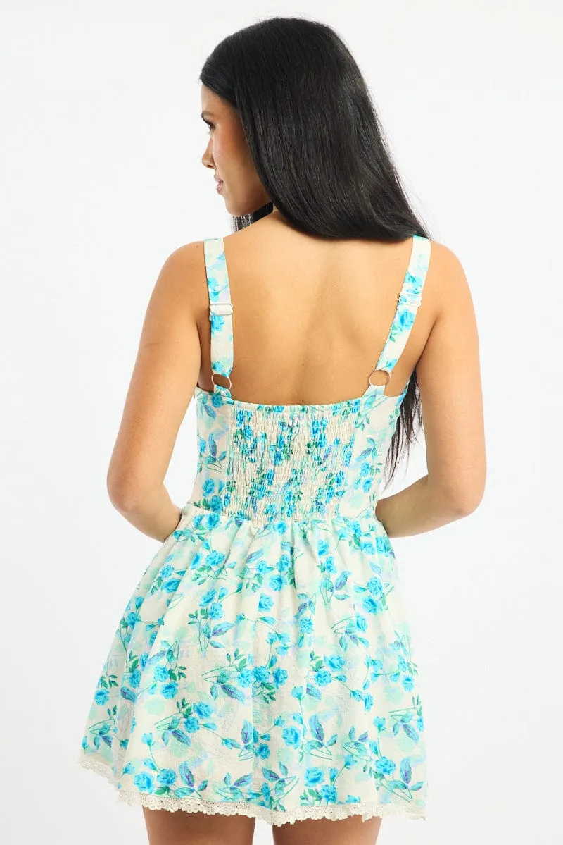 Date Ready Blue Floral Mini Dress V-neck Lace Trim