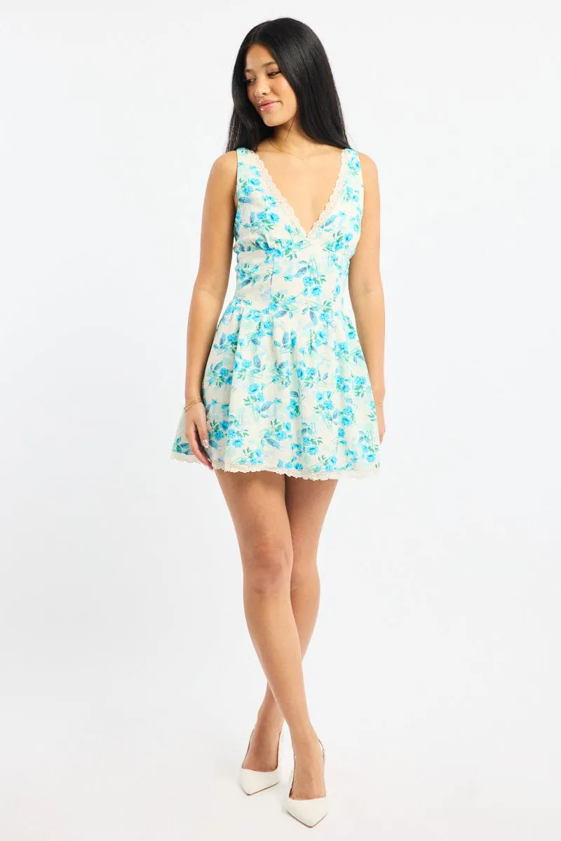 Self Spice Lightweight Weave Blue Floral Mini Dress V-neck Lace Trim