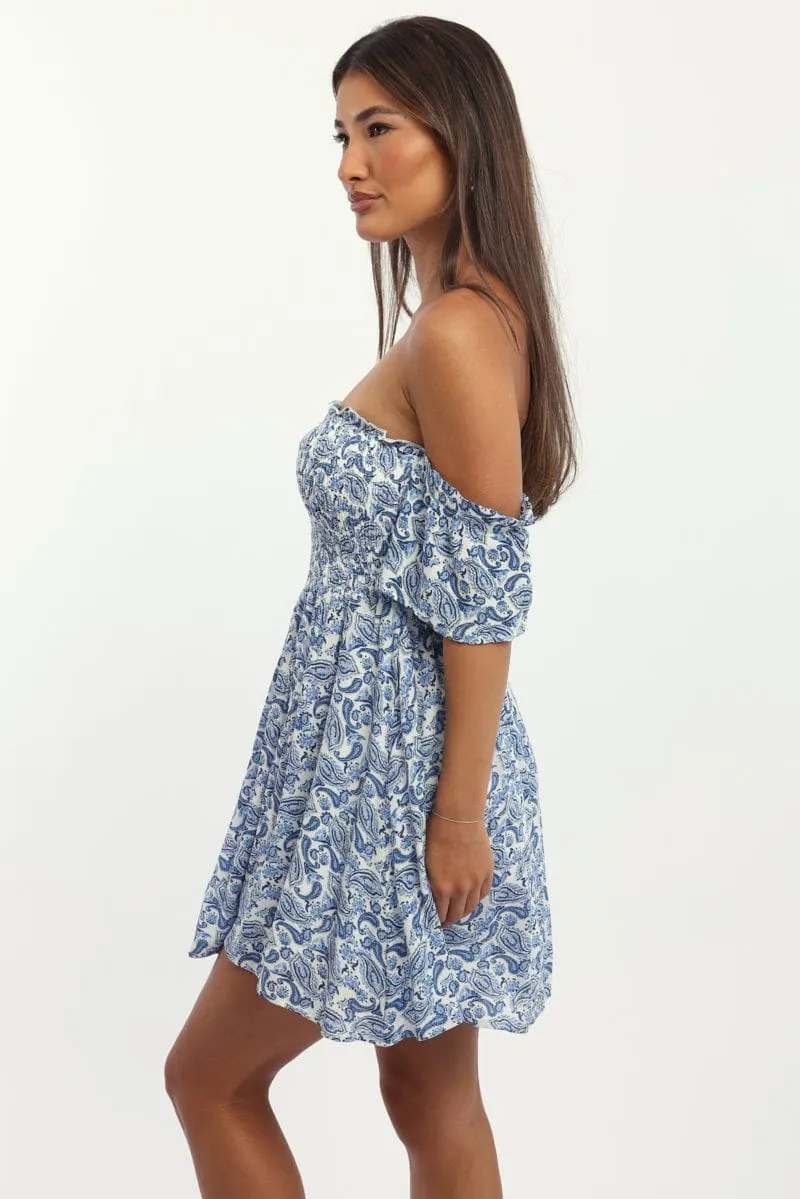 Blue Paisley Mini Dress Off Shoulder Chic Appeal