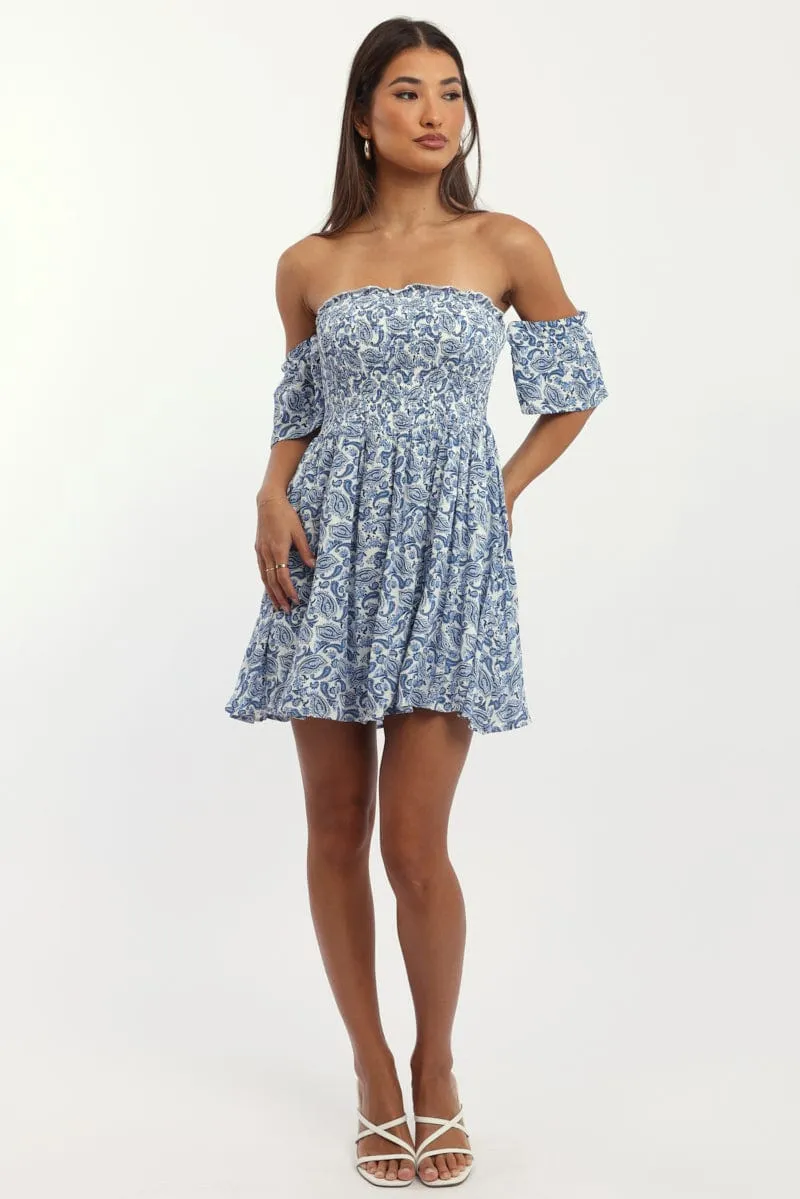 Blue Paisley Mini Dress Off Shoulder Sheer Panel Insertion Relaxed Contour