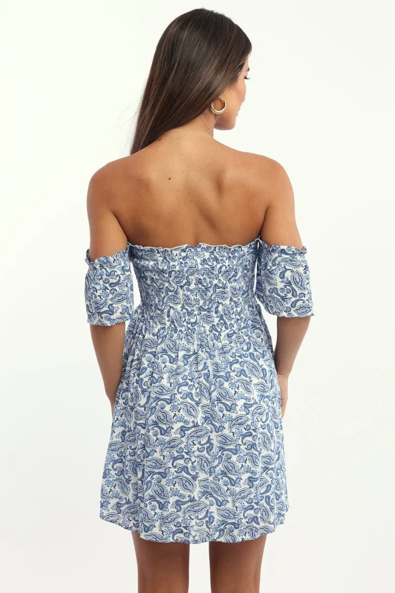 City Edge Blue Paisley Mini Dress Off Shoulder