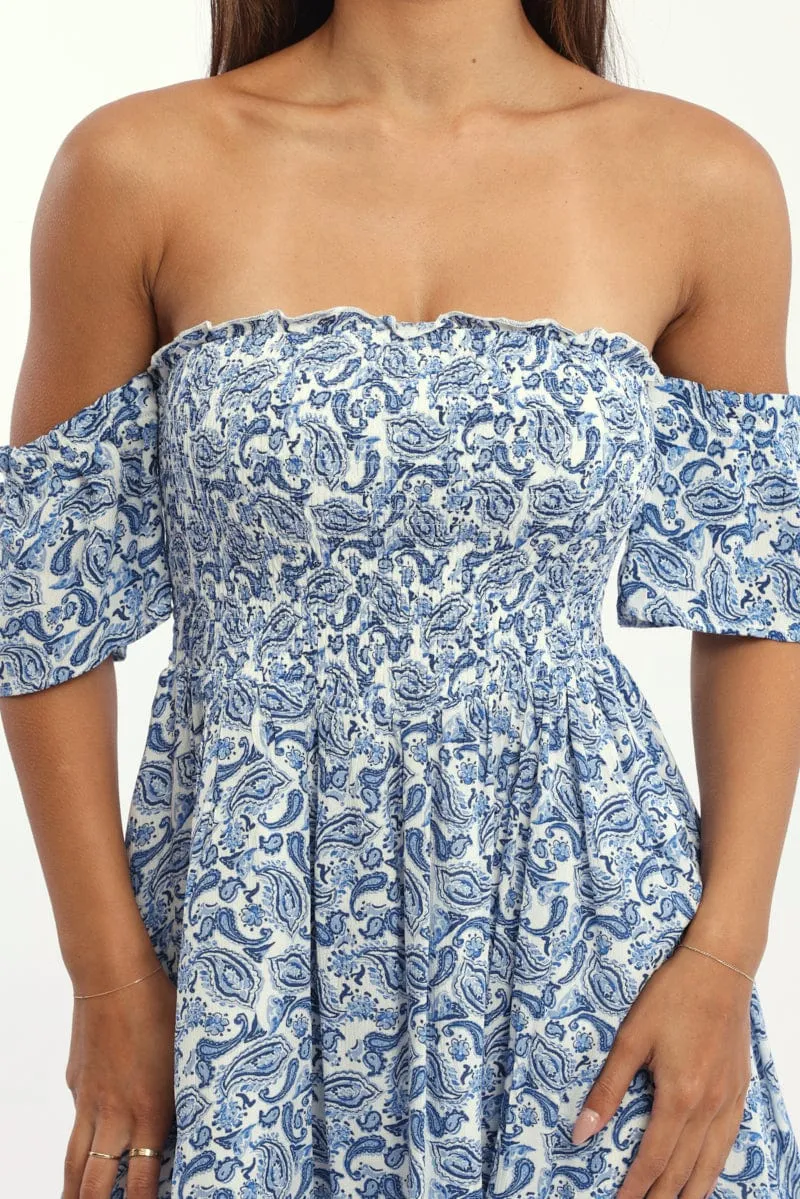 Heat Light Double Layered Hem Blue Paisley Mini Dress Off Shoulder