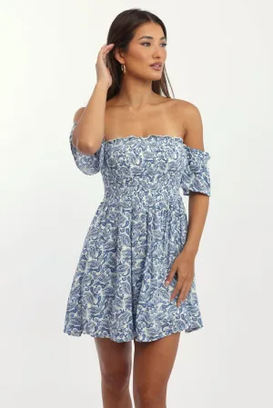 Classic cute short dress Blue Paisley Mini Dress Off Shoulder