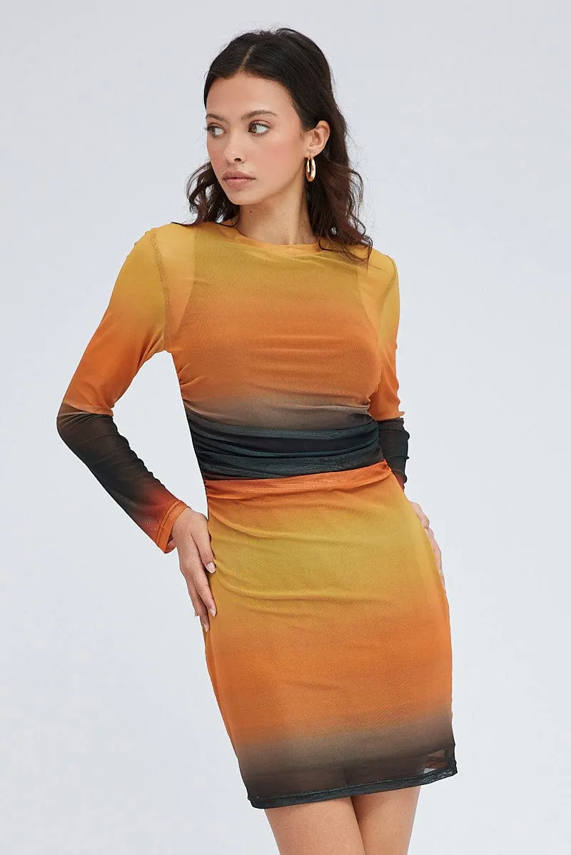 Timeless Look Urban Pop Brown Abstract Mini Dress Long Sleeve Crew Neck Ruched Waist Mesh