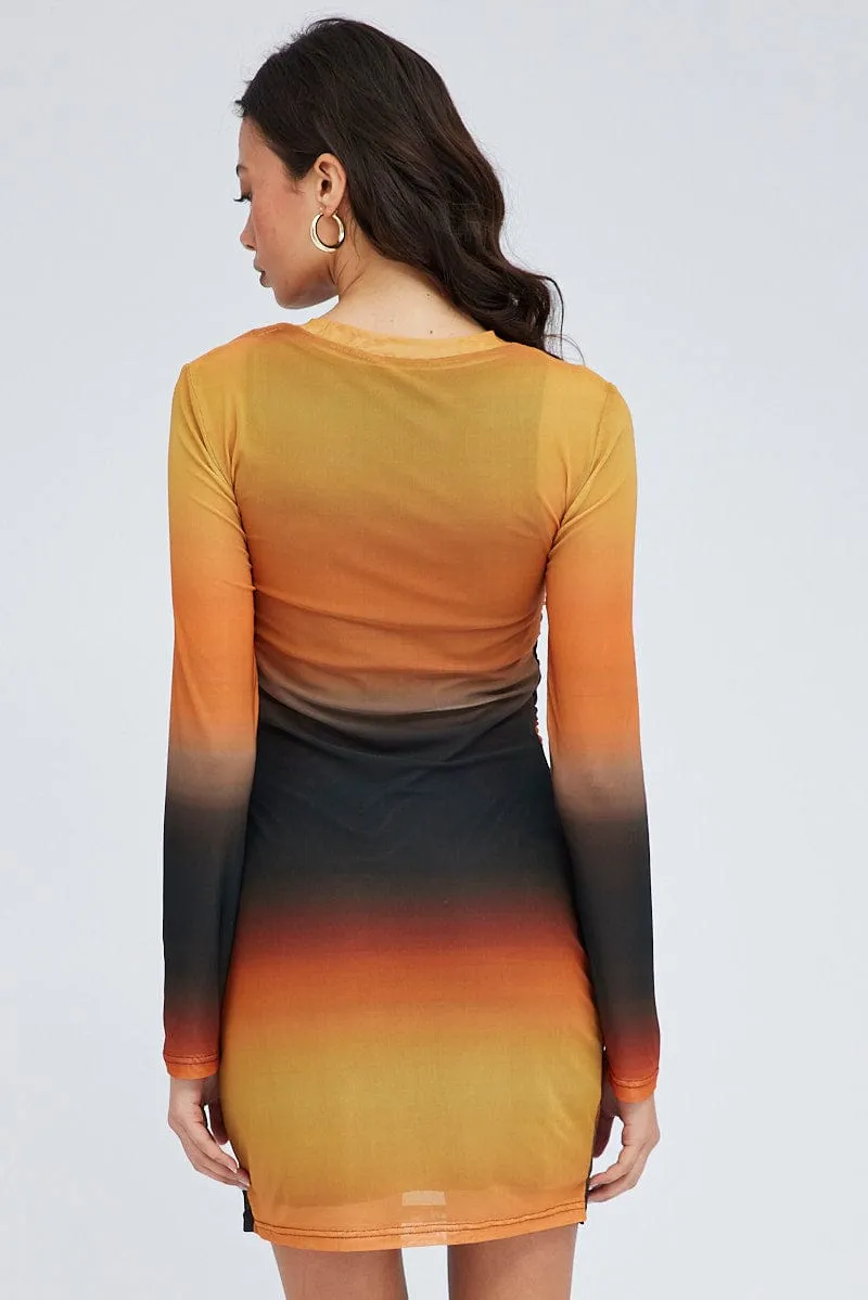 Brown Abstract Mini Dress Long Sleeve Crew Neck Ruched Waist Mesh Charming Silhouette Trend Star