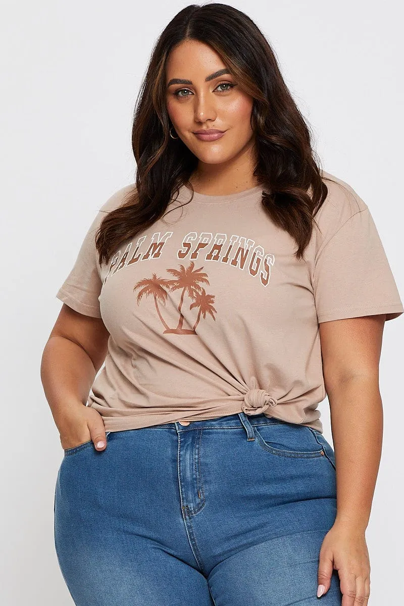Brown Graphic T-shirt Palm Tree Short Sleeve Cotton Minimal Comfort