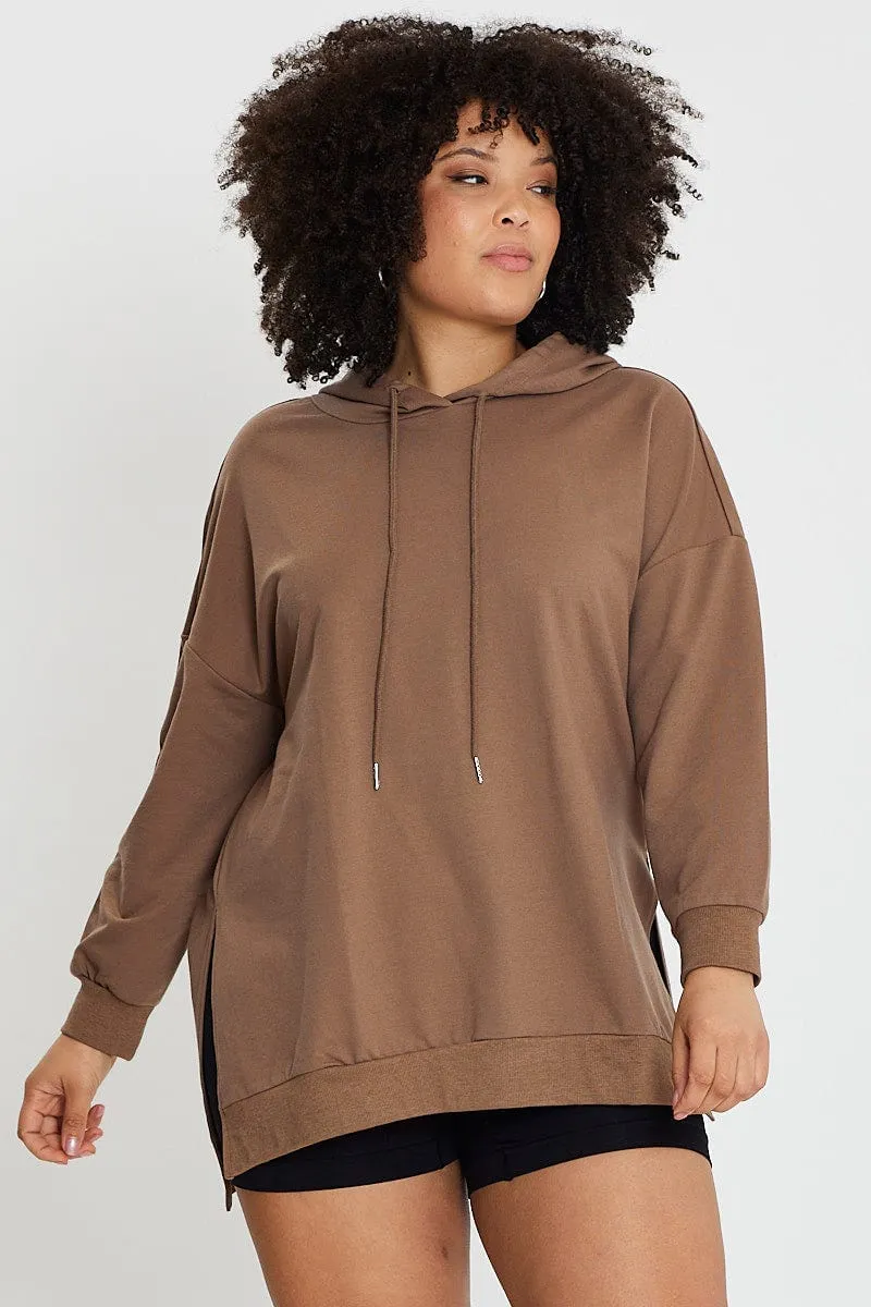 Tall Brown Longline Hoodie Side Split Detail Long Sleeve