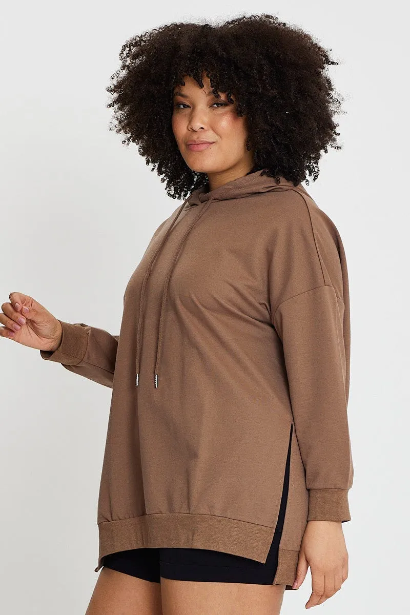 Cozy clothing Brown Longline Hoodie Side Split Detail Long Sleeve