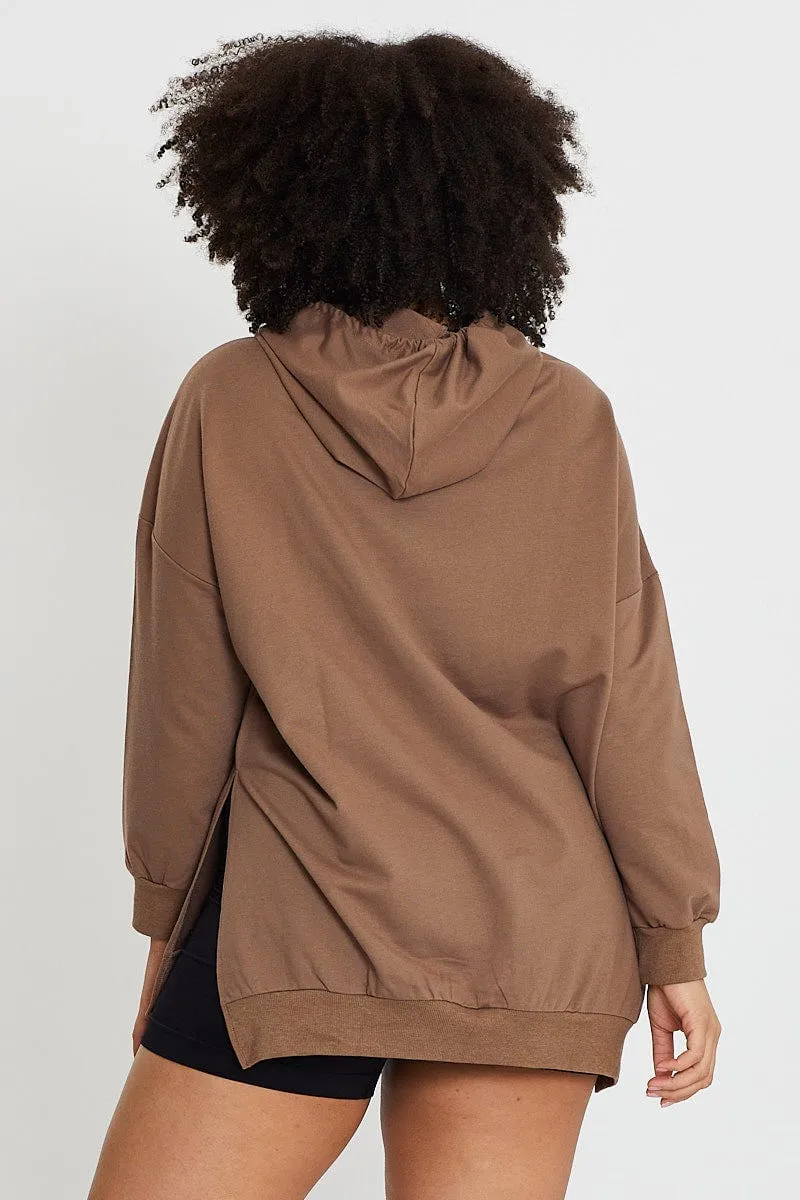 Brown Longline Hoodie Side Split Detail Long Sleeve Travel Relaxed