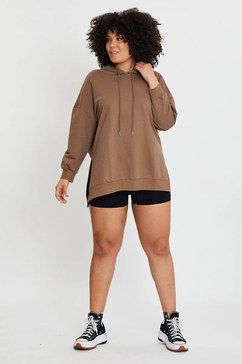 Street Look Comfy Hoodies Brown Longline Hoodie Side Split Detail Long Sleeve