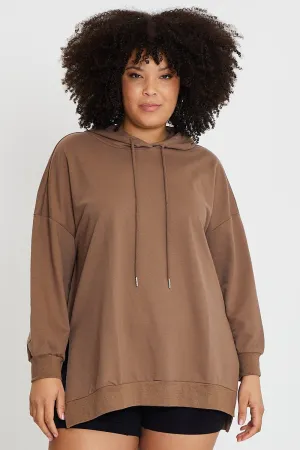 Brown Longline Hoodie Side Split Detail Long Sleeve snowboarding suitable