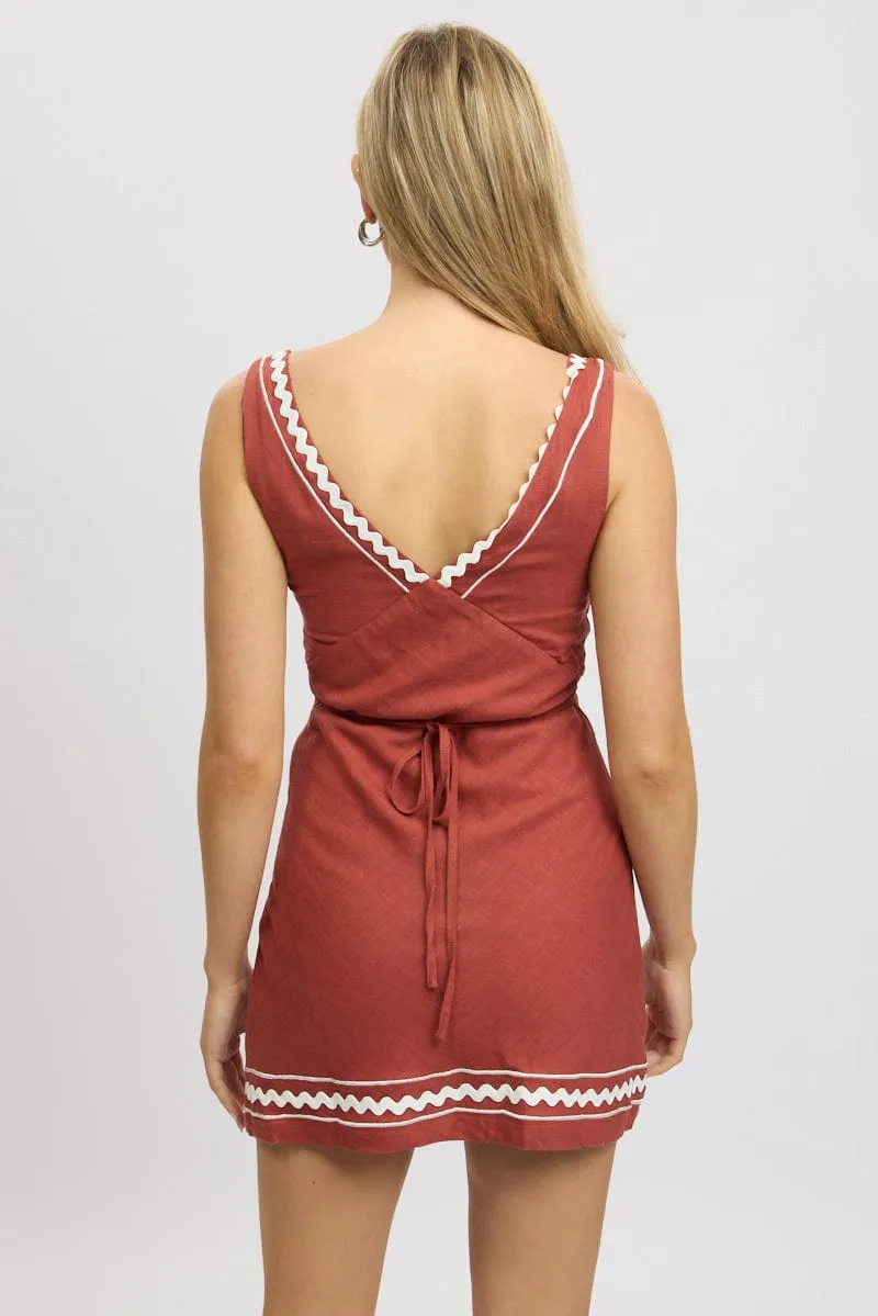 Trendy Print Brown Mini Dress V-Neck Sleeveless