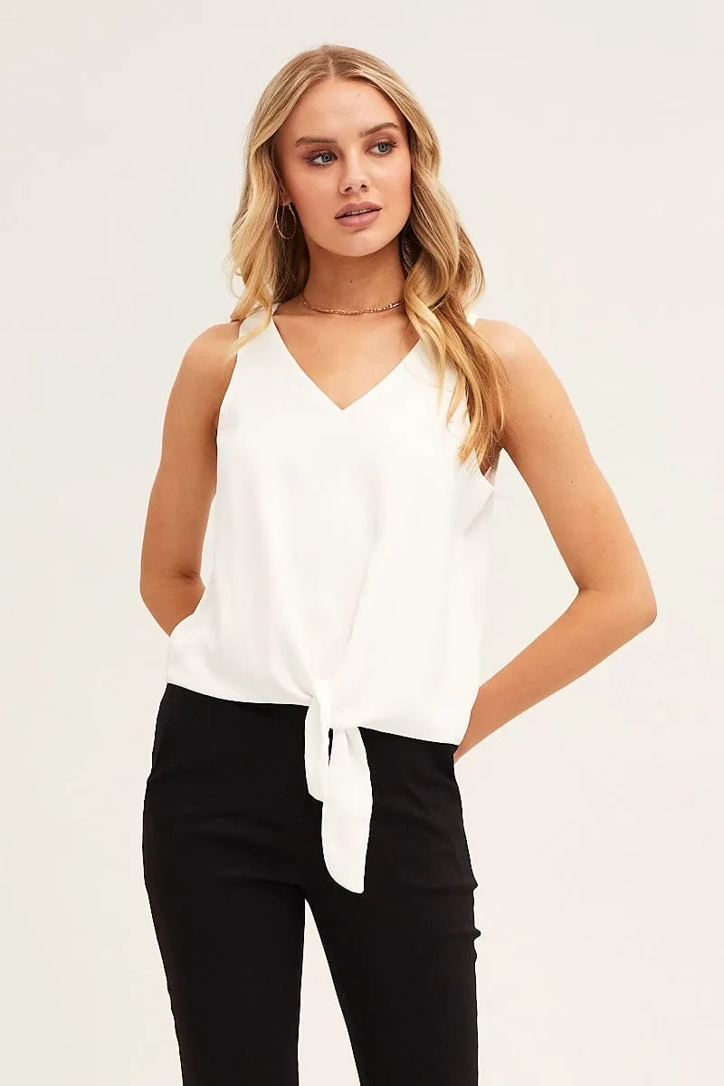 Classic Design White Sleeveless Tie Front Tank Top