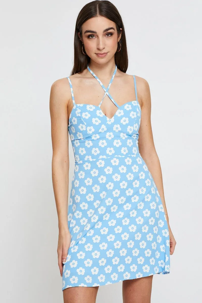 Party Soft Short playful dress for vacations Floral Print Mini Dress Sleeveless